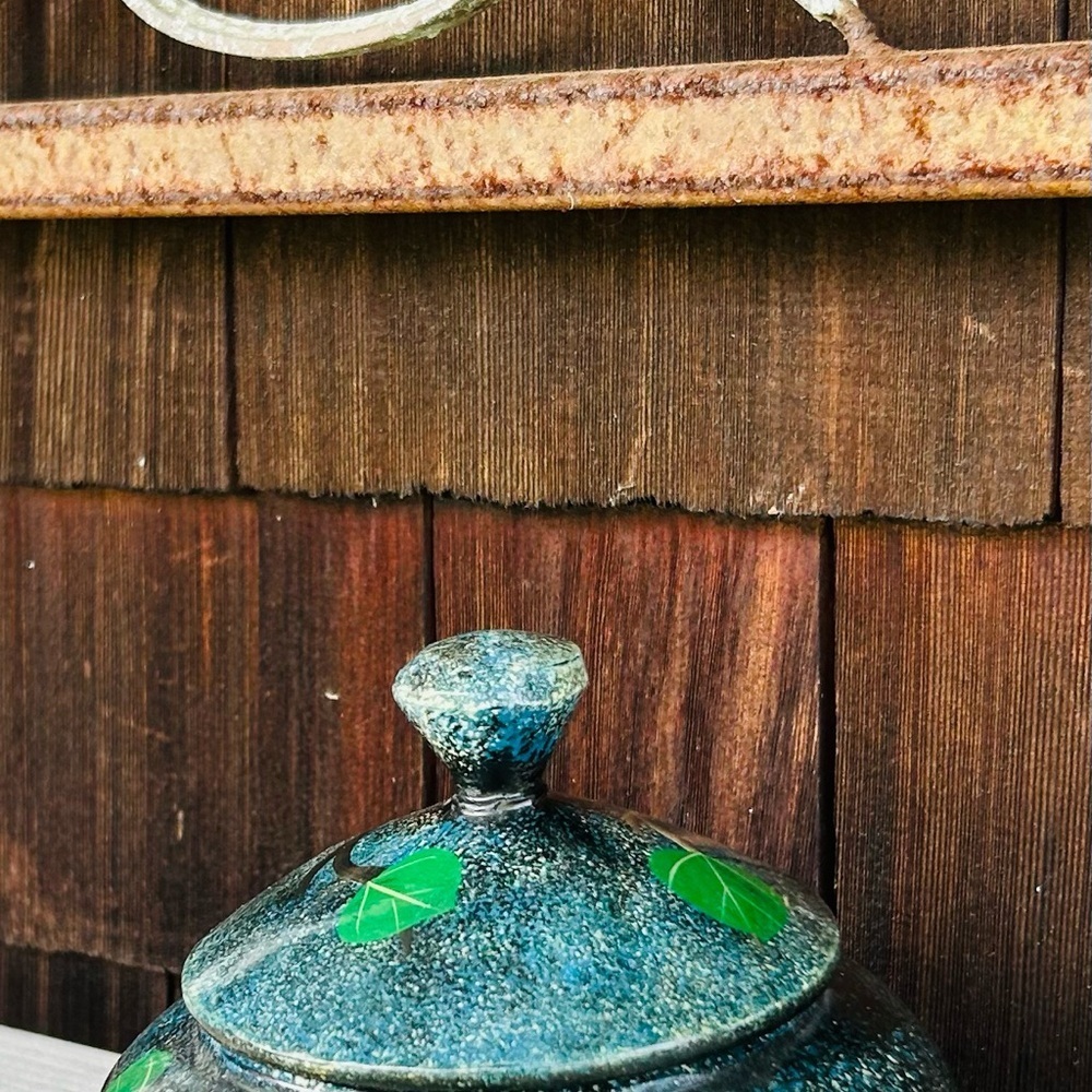 Hand Painted Wooden Jar with Red Macaw Parrot and Tree Design against a Dark Sky - Picture 7 of 11